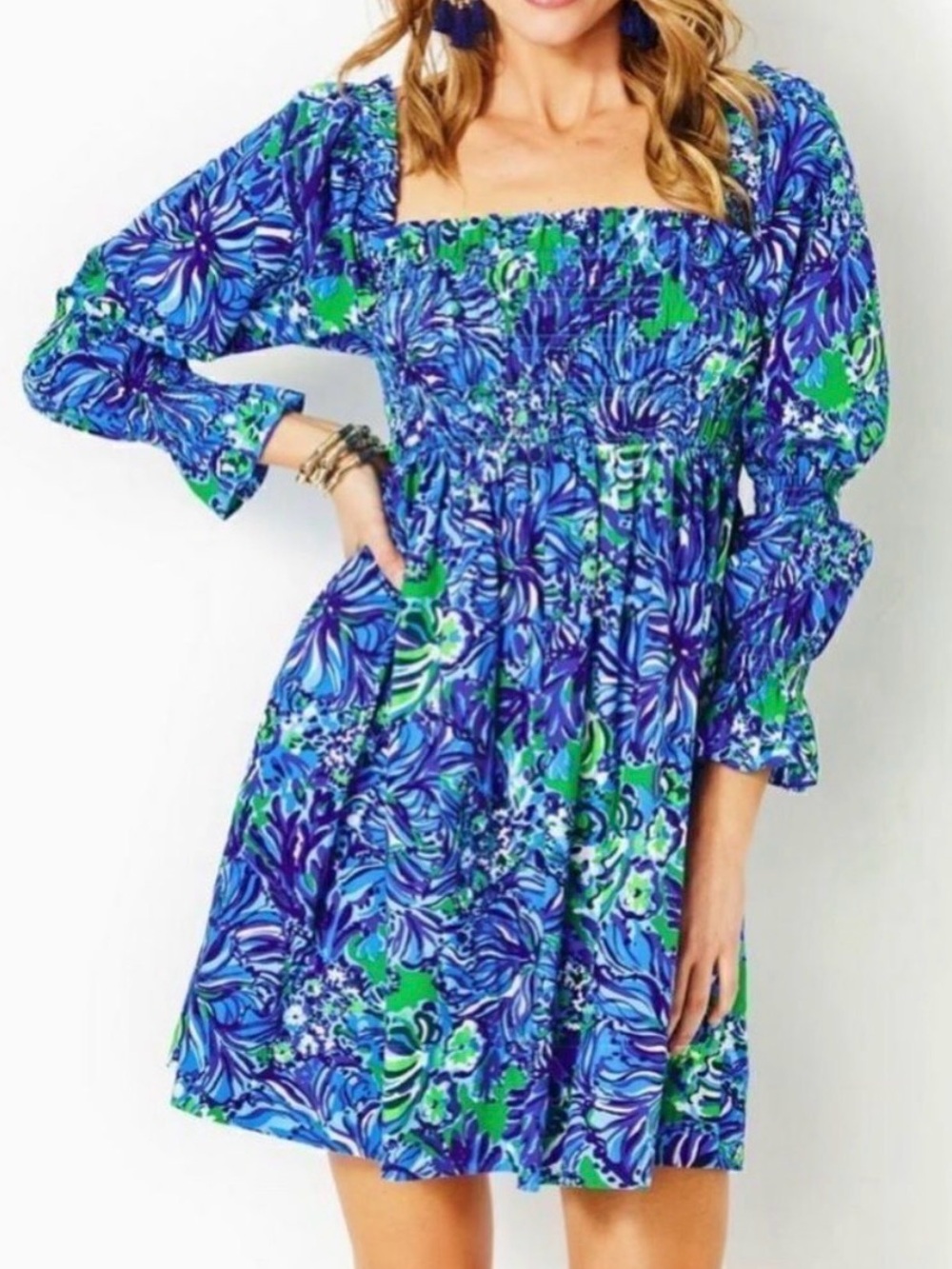 Lilly Pulitzer Beyonca Long Sleeve Smocked Mini Dress Abaco Blue Turtle Awe S